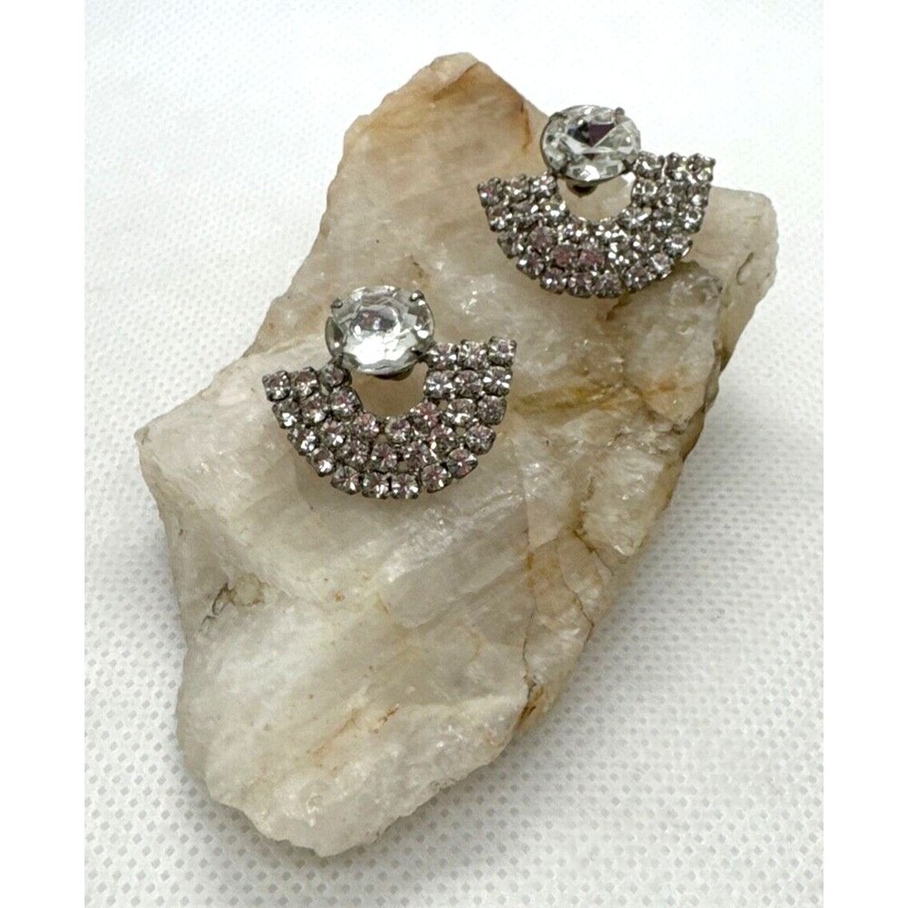 Vintage Rhinestone Silver Tone Semi Circle Stud Dangle Pierced Earrings Retro